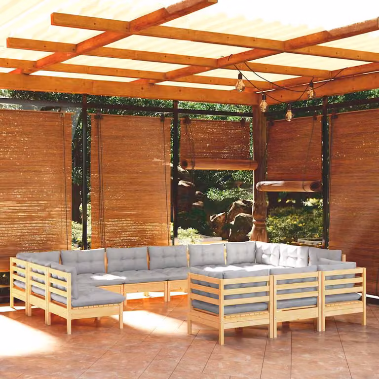 Set di divani da giardino vidaXL a forma di L in legno massello di pino con cuscini grigi