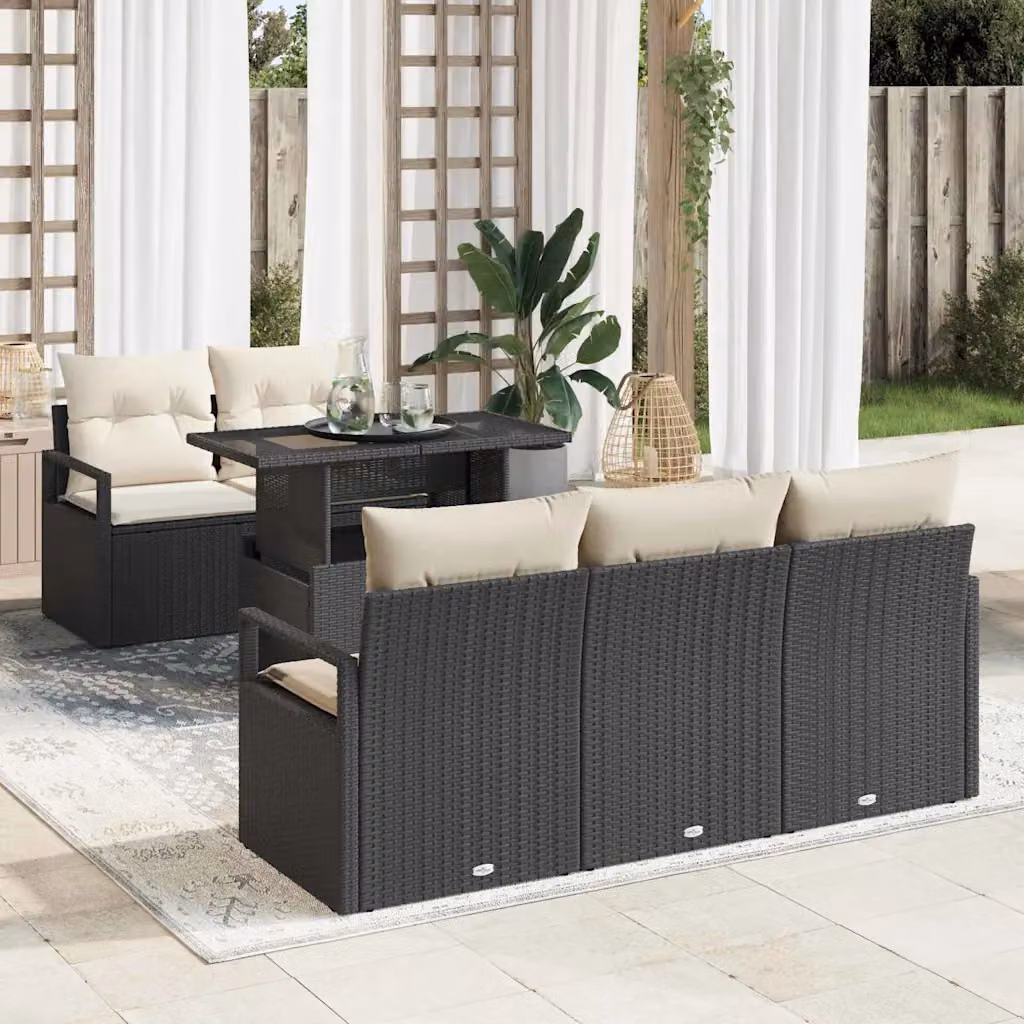 Set Divano da Giardino vidaXL a forma a U composto da 6 pezzi con tavolino, elementi angolari e pouf, colore nero e beige con cuscini inclusi – 1