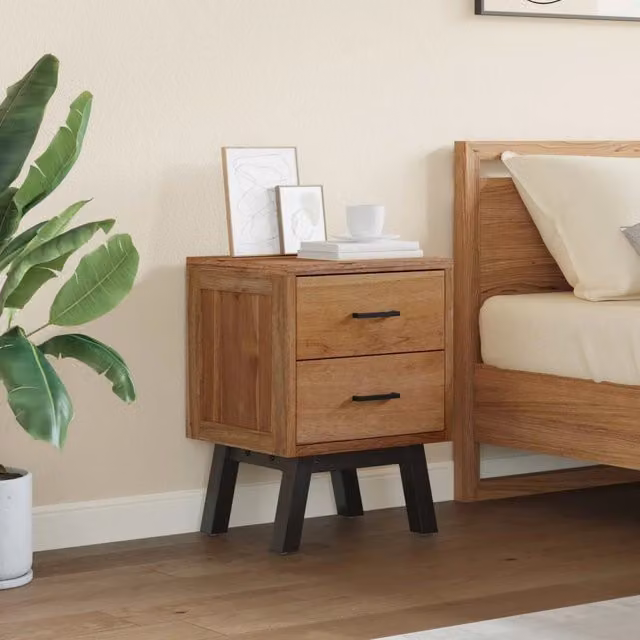 Comodino moderno vidaXL in legno di teak naturale e metallo, L 40 cm x P 35 cm x H 55 cm – 1