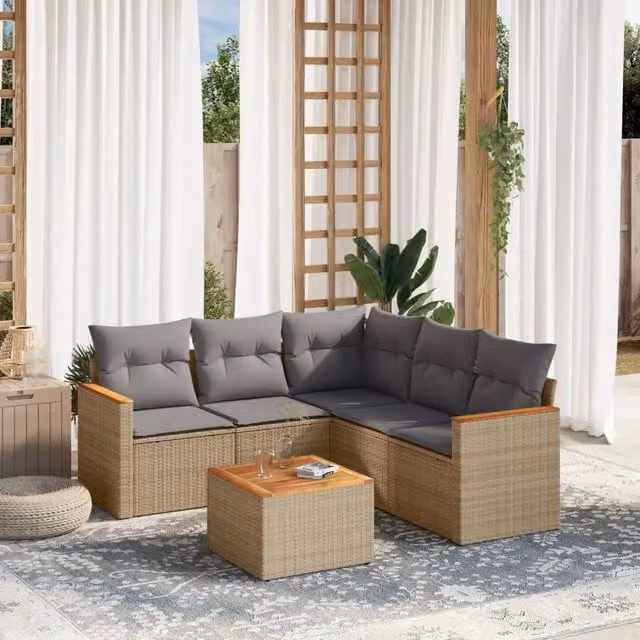 Set Divano da Giardino a L VIDAXL 6 Pezzi con Tavolino, Polyrattan e Cuscini Beige e Grigio – 1