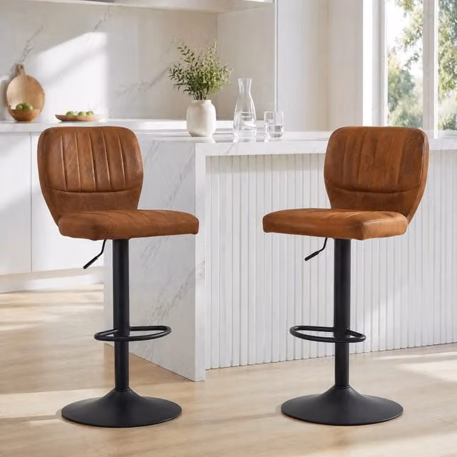 Sgabello da bar OKWISH regolabile in altezza con schienale e poggiapiedi, seduta girevole 360 gradi in similpelle nera e marrone – 1