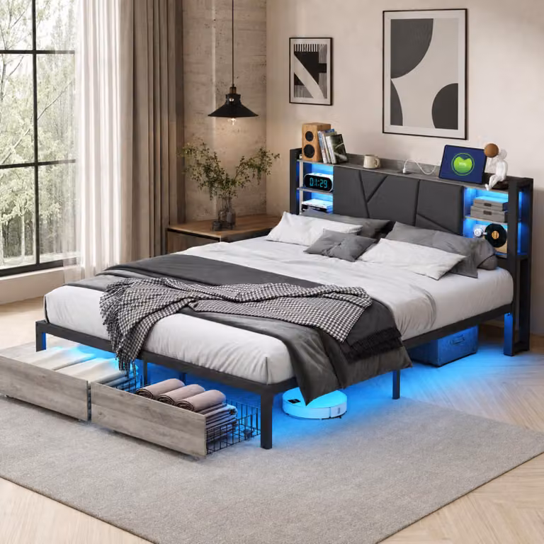 Letto matrimoniale INONEFT 140x200 cm con 4 cassetti, letto imbottito con illuminazione LED, prese USB e Type-C, struttura del letto con rete a doghe in metallo, colore nero (PU)