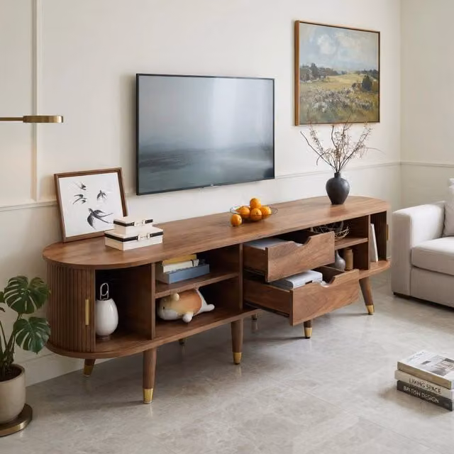 Cassettiera per TV KOMHTOM in stile rustico color noce con ante scorrevoli in rattan e MDF, L: 175 cm, P: 38 cm, H: 45 cm