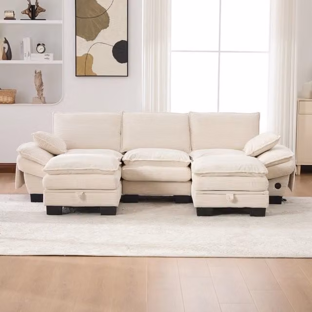 Divano Modulare REDOM a L da 3 posti in Velluto a Costine Beige con 2 Pouf e Ricarica USB L/P/H: 260 x 132 x 84 cm
