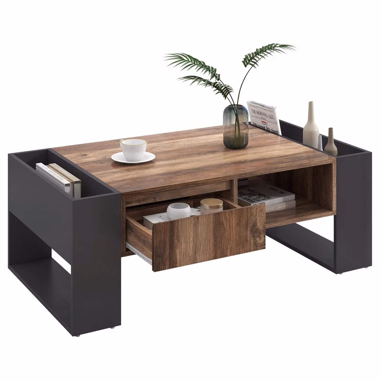 Tavolino Fortuna Lai in legno venato con 1 cassetto e vani portaoggetti, nero + grigio