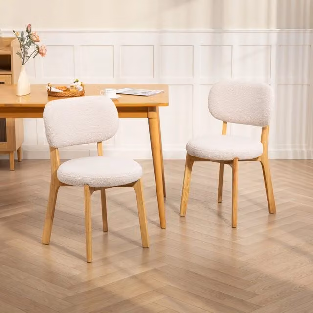 Set di 2 sedie da pranzo Minimal in tessuto boucle beige con struttura in legno e stile mid-century – 1