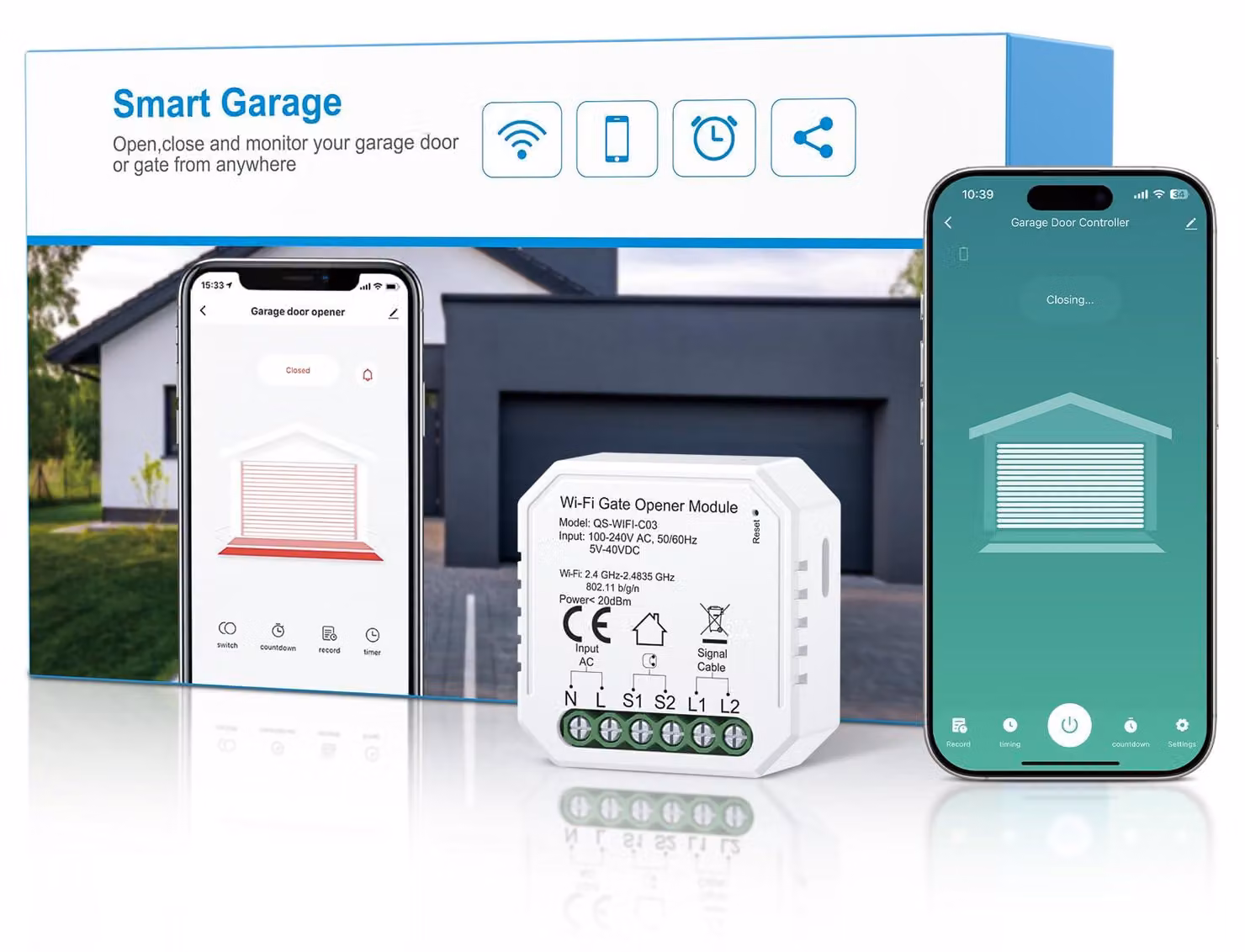 Apertura automatica per garage, modello intelligente, wireless - Tensione: 240 Volt - Corrente: 10 Ampere - Corpo in plastica - Adatto per uso domestico