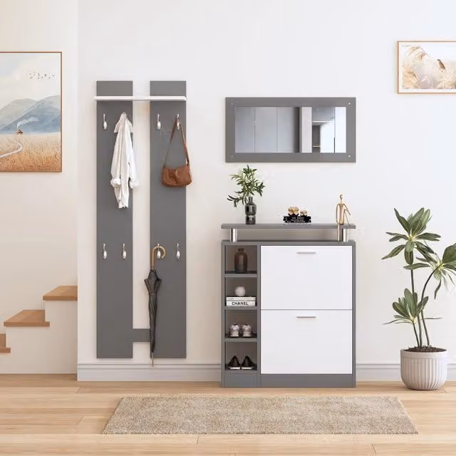 Set di mobili da ingresso Mivray moderno in legno grigio opaco con scarpiera, specchio da parete e 8 ganci, L: 96.5 cm, H: 80.0 cm, P: 25.0 cm