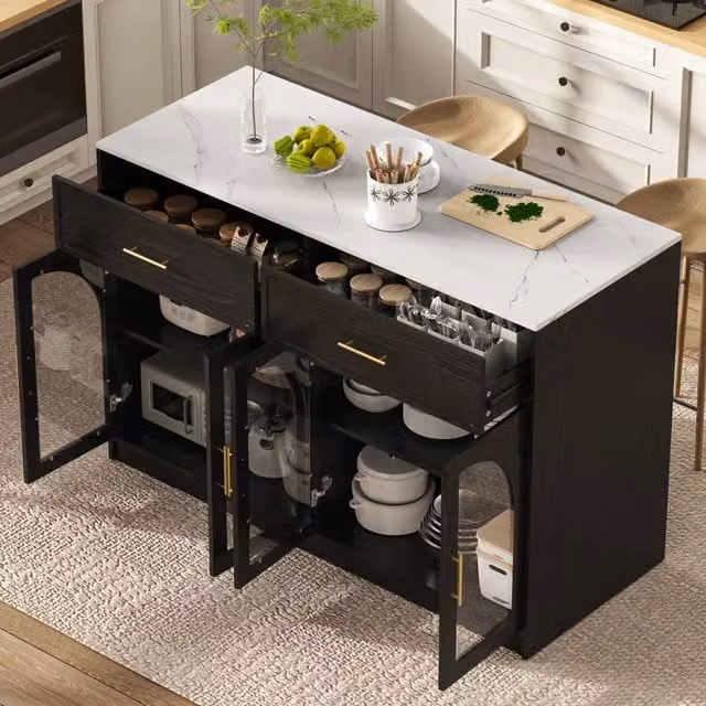 Isola cucina LED con 2 cassetti, ante in vetro e ripiani regolabili, per cucina e sala da pranzo, nera, 135 × 55 × 91 cm