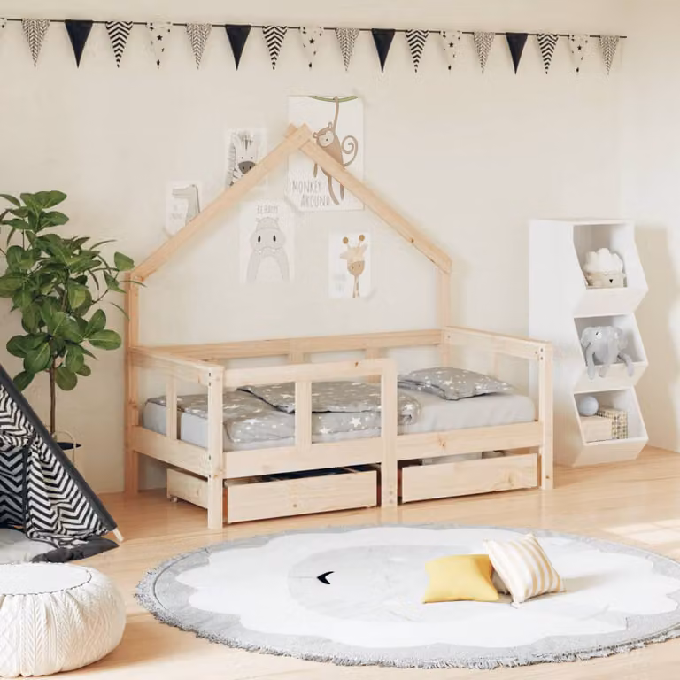 vidaXL Giroletto per Bambini in Legno Massello di Pino con Cassetti, Stile Rustico, 70 x 140 cm