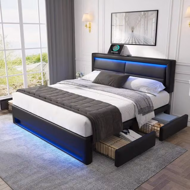 Letto imbottito 140x200 cm in PU nero con USB; LED e 4 cassetti