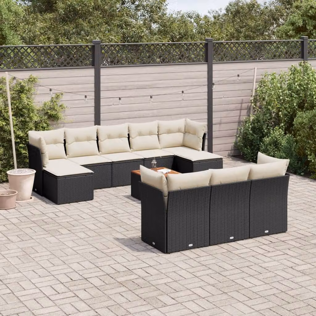 vidaXL Set Divani da Giardino 11 pz in Polyrattan con Cuscini e Tavolino da Esterno Nero – 1