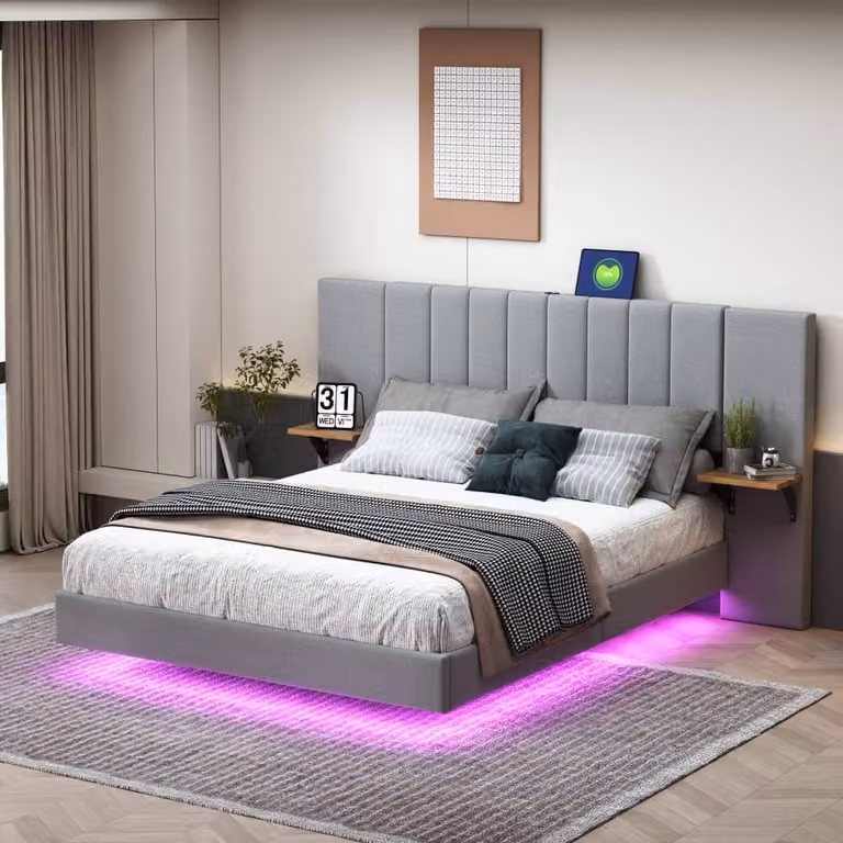 Letto imbottito AIORBER, 140x200 cm, con illuminazione a LED, con porta di ricarica USB, letto matrimoniale, tessuto di lino, testiera allungata, struttura in metallo, grigio