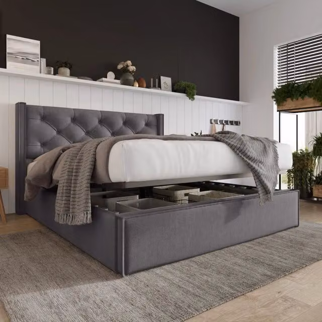 Letto contenitore matrimoniale OKWISH in tessuto grigio con base a sollevamento idraulico, L/P/H: 140 x 200 x 110 cm