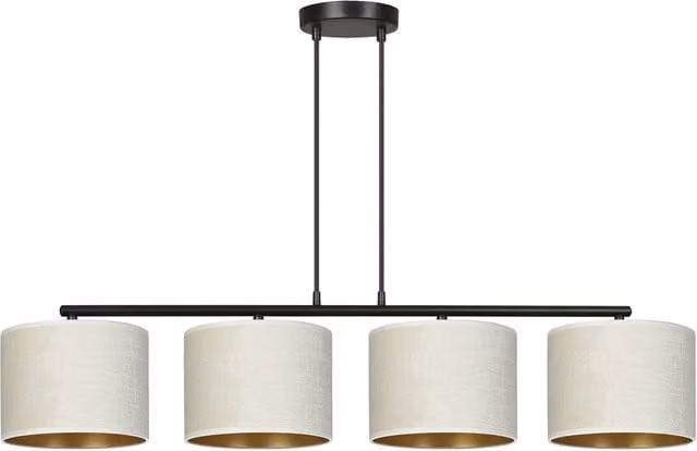 Lampadario a sospensione Vinayaka Luceart-Classic con 4 luci in metallo nero e paralumi in tessuto beige e oro