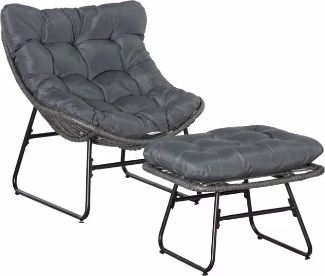 Poltrona da giardino moderna Minimal in rattan e metallo con poggiapiedi e cuscini Grigio – 1
