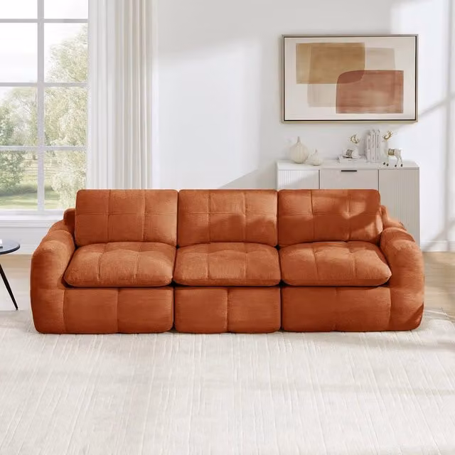 Divano 3 posti ¨C Minimal ¨C Velluto arancione imbottito con cuscini ergonomico senza montaggio