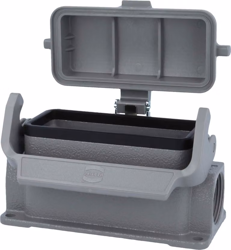 HARTING Han 16B Base bassa, 2xPG21 uscita cavi laterale, con 1 staffa longitudinale con cappuccio protettivo in plastica - 1