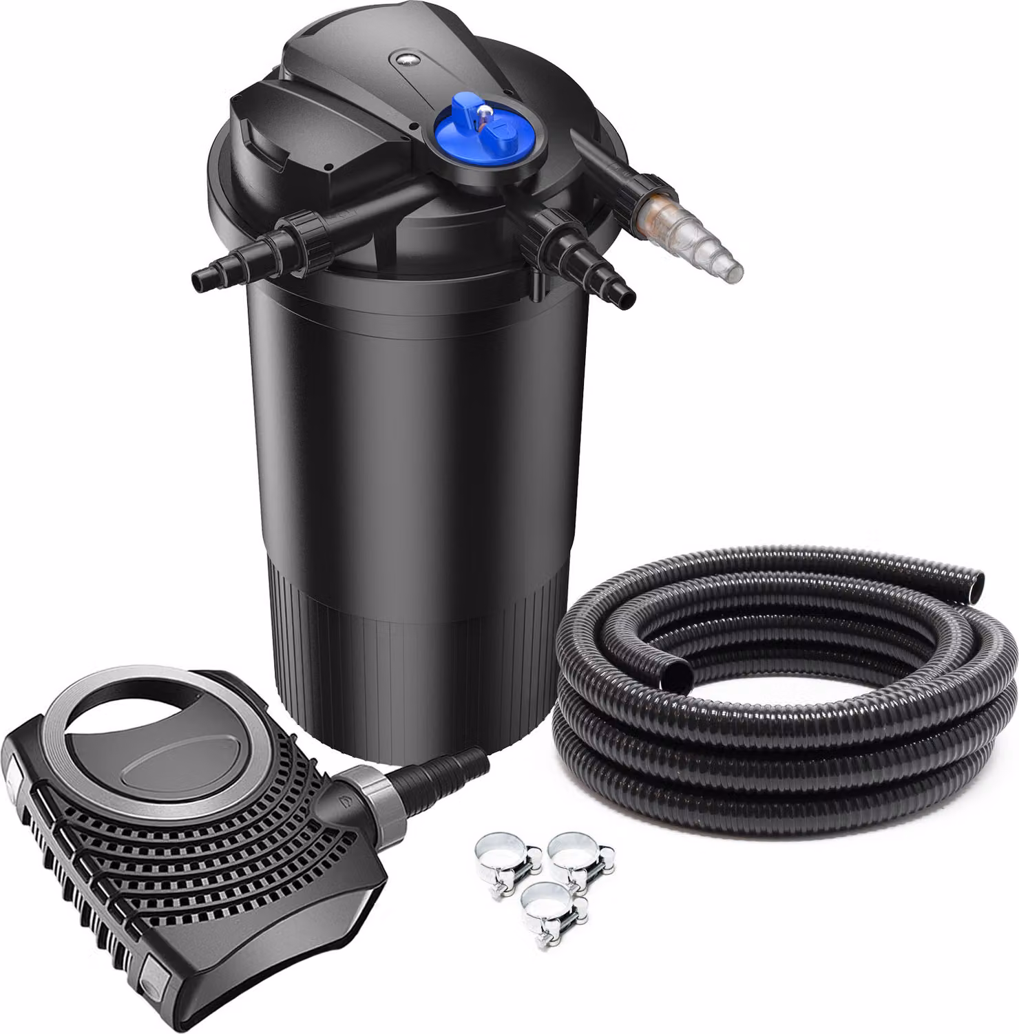 Set completo SunSun: filtro a pressione per laghetti CPA-15000 fino a 30000 L con chiarificatore UV-C da 18 watt, pompa per laghetti NEO3800 SuperEco 3600l/h 20W, tubo per laghetti da 5 m 38 mm (1 1/2"), fascette stringitubo W1 44-47mm