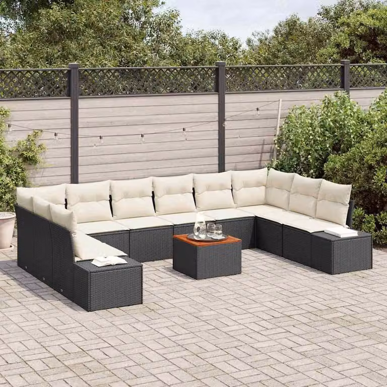 Set Divano da Giardino con cuscino 11 pcs Nero polyrattan