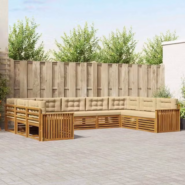 Set di divani da esterno a L vidaXL in legno di acacia con cuscini beige e naturale, 9 pezzi