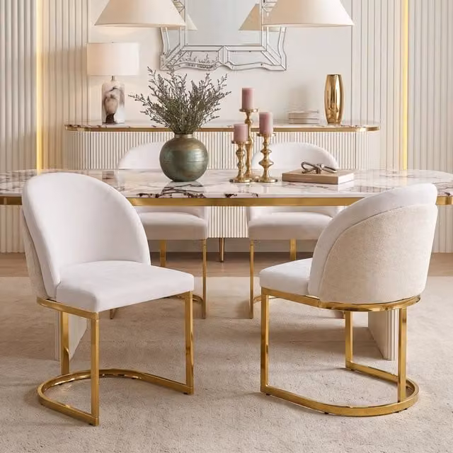 Set di 2 sedie da pranzo Mivray in ciniglia beige con gambe in metallo dorato e seduta imbottita