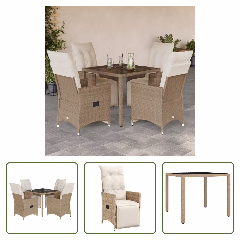 The Living Store Set da giardino bistrot 5 pezzi con cuscini Beige in poly rattan