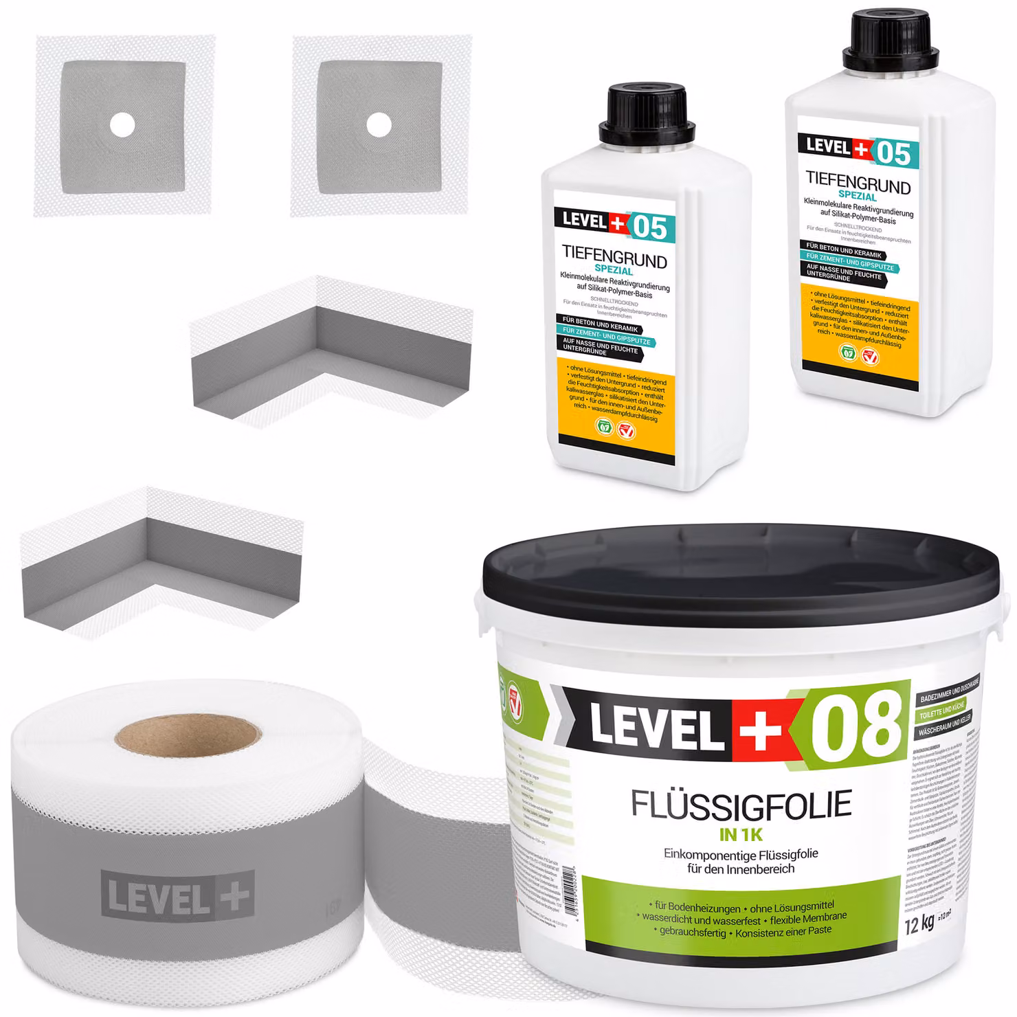 Kit di impermeabilizzazione Pellicola liquida 12 kg Nastro sigillante 10 mb Primer 2 l Livello+ SET56