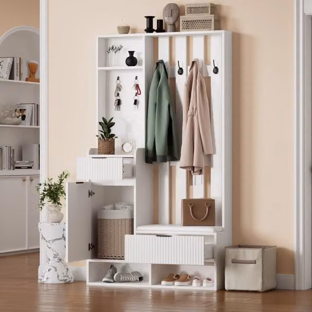 Mobile da ingresso 6 in 1 OKWISH con panca imbottita, 8 ganci, 2 cassetti e armadio in bianco L: 100 cm, P: 30 cm, H: 180 cm