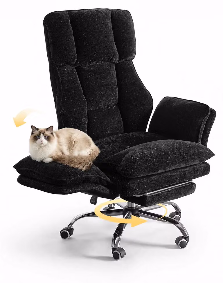 Sedia da ufficio grande – Sedia da ufficio ergonomica – Braccioli pieghevoli – Poggiapiedi – Regolabile in altezza – Girevole – Rivestimento in chenille nero lucido