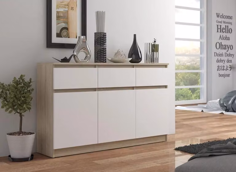 Cassettiera con cassetti e ante SAVRILA - rovere sonoma / bianco