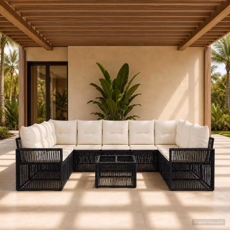 Maison Exclusive - Set da giardino composto da 10 pezzi. Divano da giardino in rattan sintetico, colore nero e crema