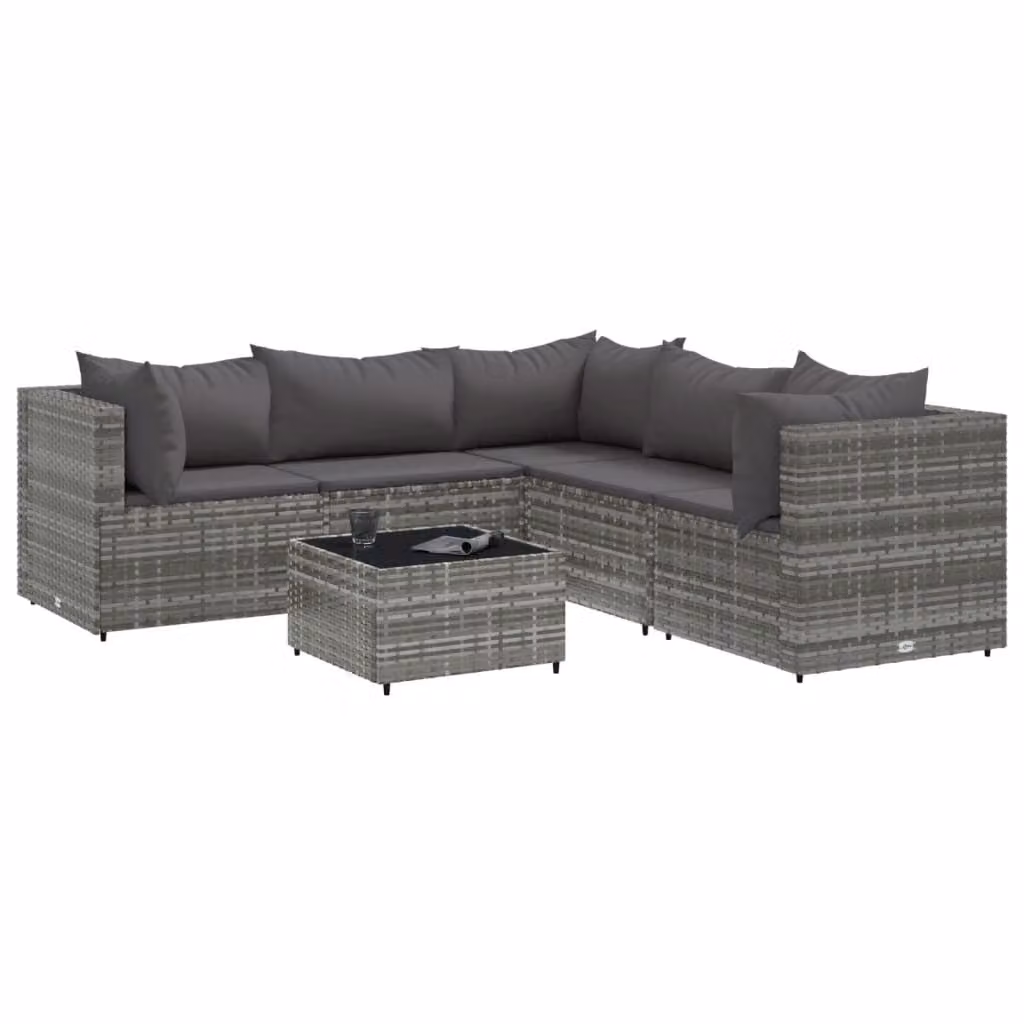 Set Divani da Giardino 6 pz con Cuscini in Polyrattan Grigio