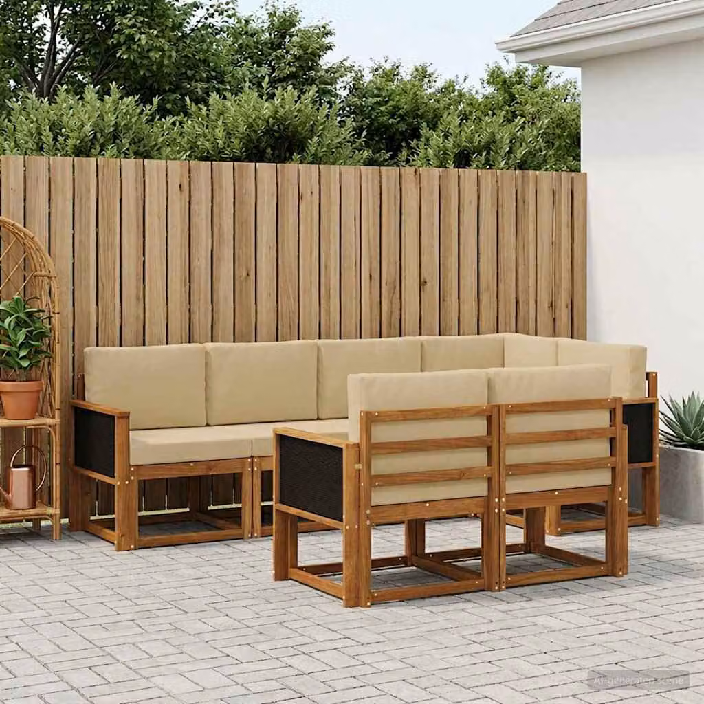 Set di divani da esterno vidaXL 7 pezzi a forma di L in legno di acacia con cuscini beige e marrone