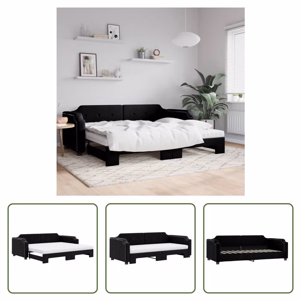 The Living Store Lettino allungabile con materassi nero 80x200 cm in tessuto