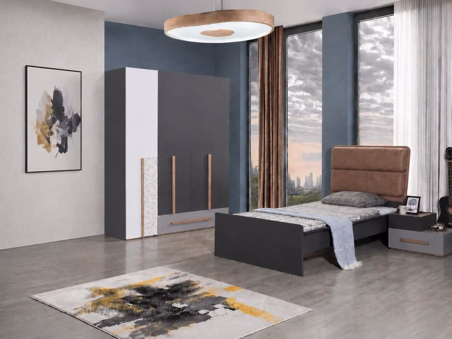 Letto singolo per bambini, grigio, marrone, in legno e tessuto, design moderno, letto per la camera da letto