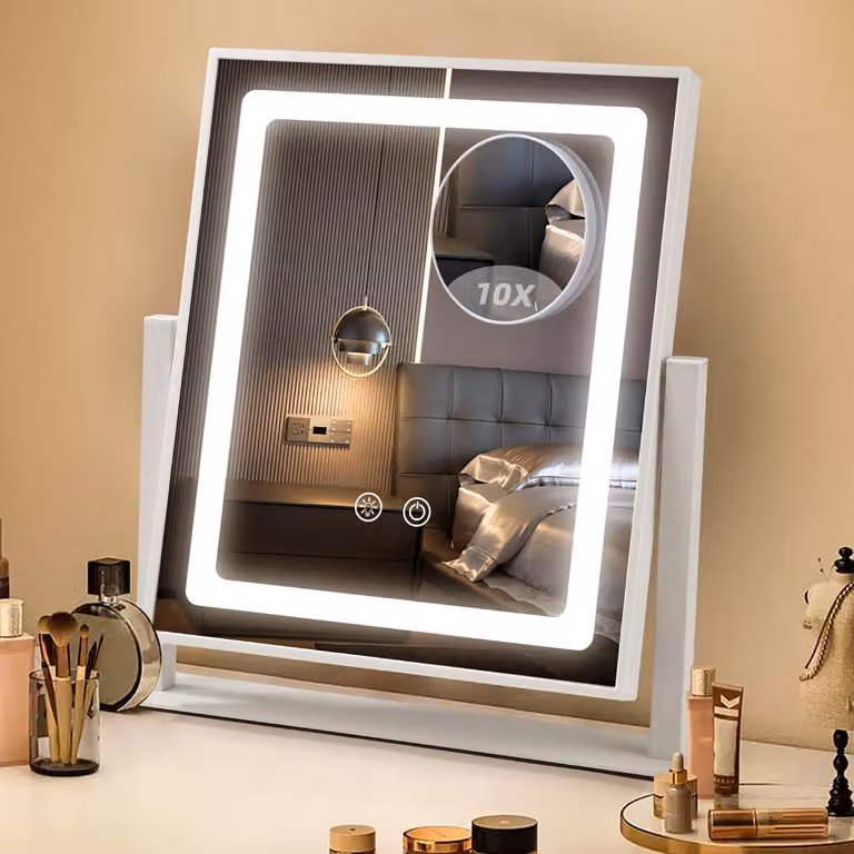Specchio per trucco con luci LED, 3 colori, dimmerabile, ingrandimento 10x, rotazione a 360°