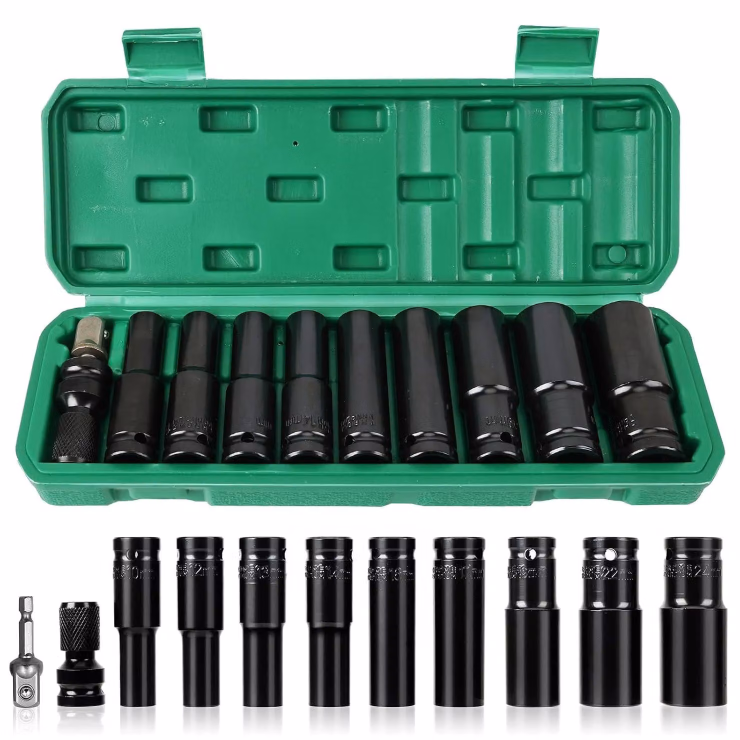 TRANKIELO® - Set di 11 chiavi a bussola da 10 a 24 mm – alta qualità – set di chiavi a bussola per avvitatori pneumatici – utilizzo versatile