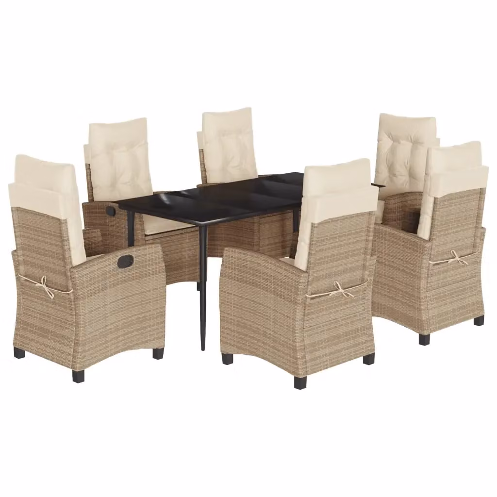 Set da Pranzo da Giardino VIDAXL in Polyrattan con Cuscini Beige e Tavolo in Vetro, 7 Pezzi – 2