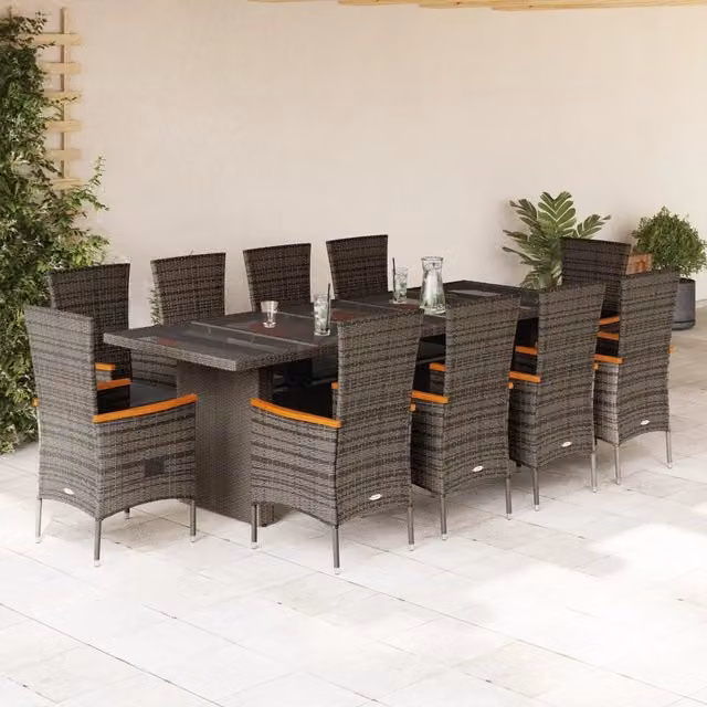 Set da Pranzo da Giardino vidaXL in Polyrattan Grigio con Tavolo in Legno di Acacia e Vetro, 11 Pezzi