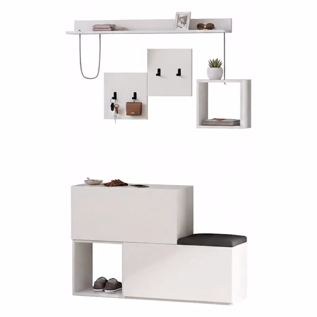 Mobile da ingresso DMORA Lariana bianco con 8 vani a ribalta e seduta integrata L/P/H: 120 x 17 x 76 cm – 2