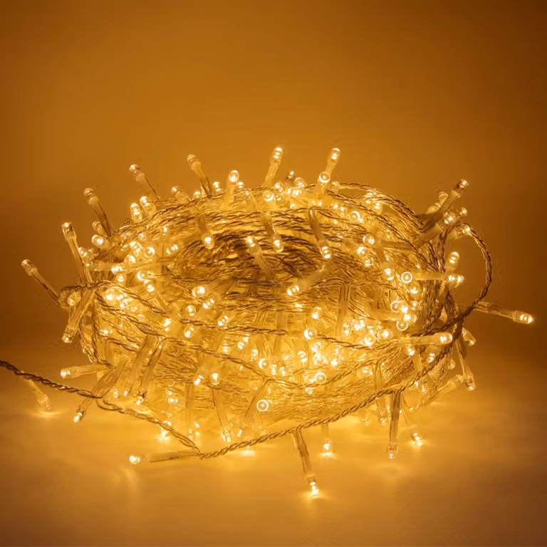 Catena luminosa a LED, 25 metri, 500 LED, luce bianco caldo, grado di protezione IP44, 8 effetti