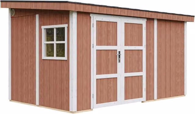 Casetta da giardino Timbela M939B in legno colore Redwood Red, superficie 8,68 m², H 231 x L 248 x P 412 cm
