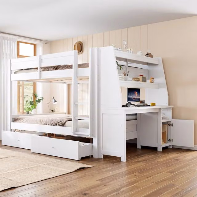 Letto a castello con armadio laterale e scrivania, 140x200 cm, bianco