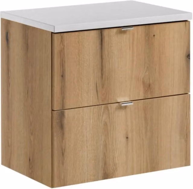 Set da bagno sospeso VANO in rovere e bianco 60cm: mobiletto sottolavabo con cassetti + piano per lavabo