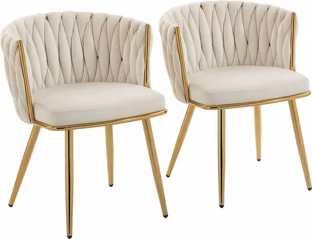 Set di 2 sedie da pranzo HOMCOM in velluto con braccioli e schienale intrecciato, colore beige e oro