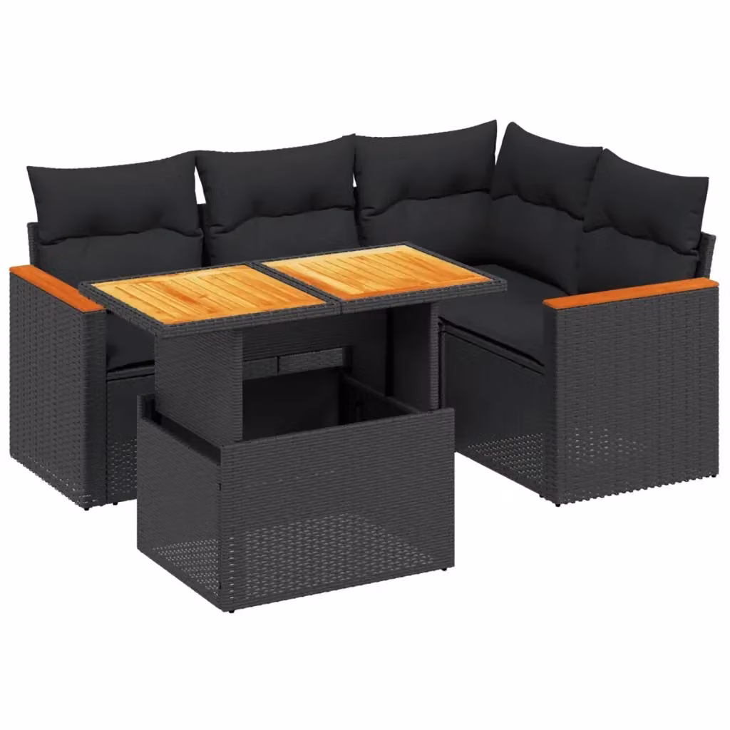 vidaXL Set Divani da Giardino a L 5 pz in Polyrattan Nero con Cuscini e Tavolino – 2