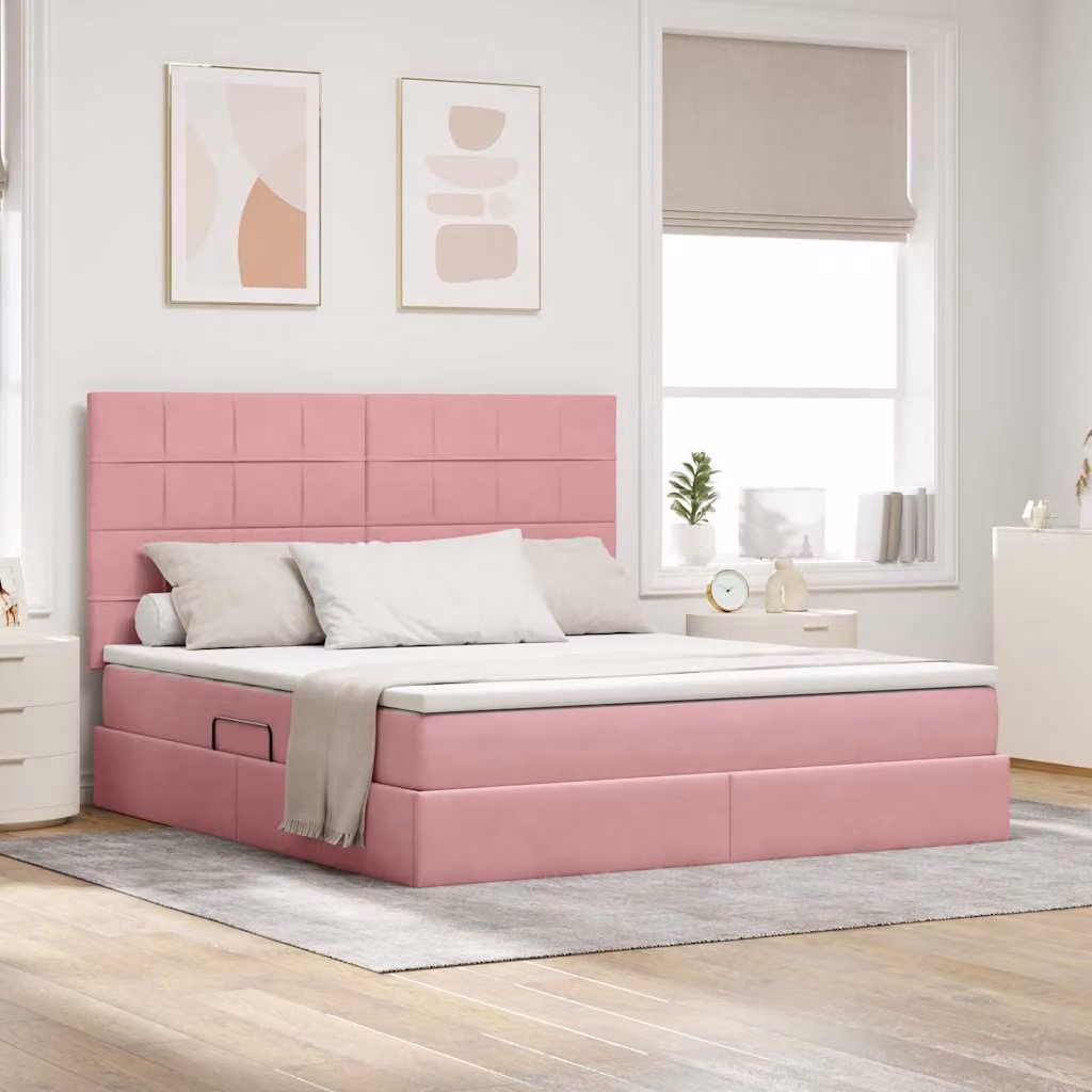 Letto con contenitore vidaXL in velluto rosa con base a sollevamento, L: 160 cm, P: 200 cm, H: 280 cm – 1