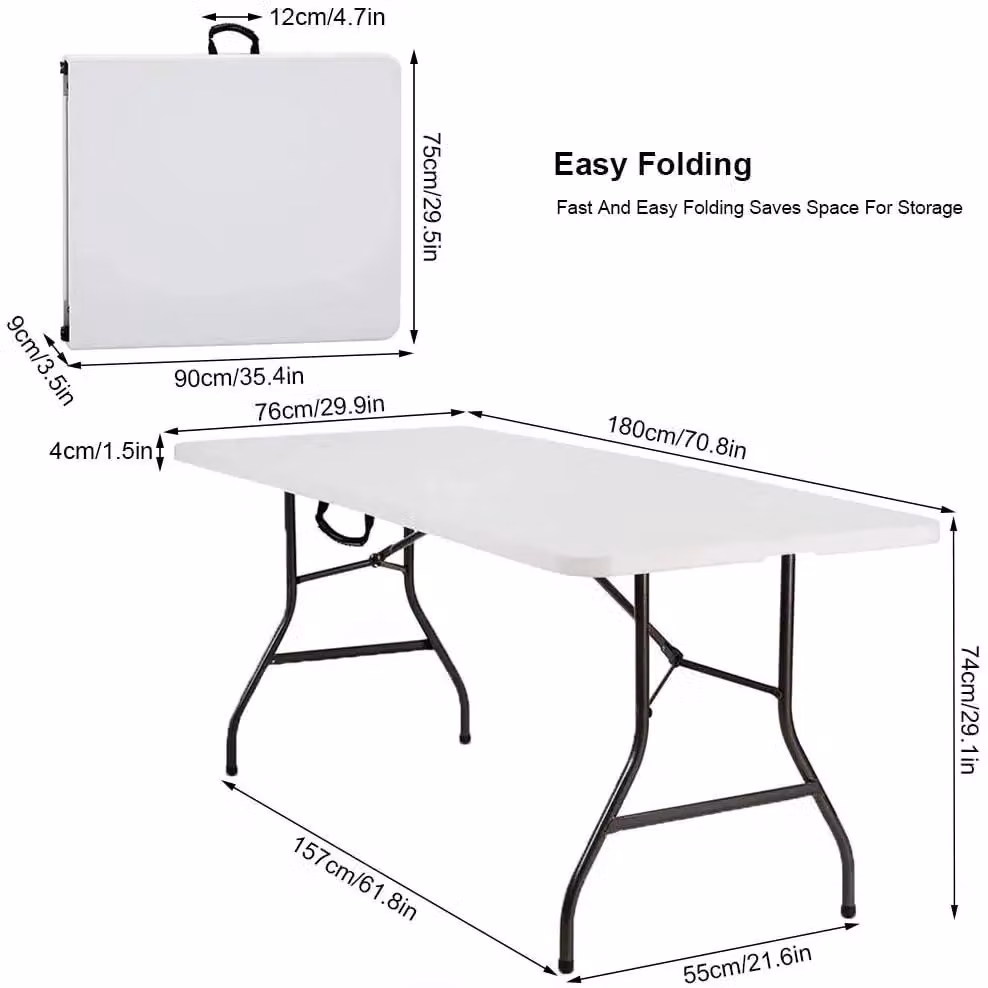 Tavolo pieghevole in plastica - 180 x 76 x 74 cm - Struttura in metallo - Maniglia per il trasporto - Per 8 persone - Adatto per interni ed esterni - Bianco