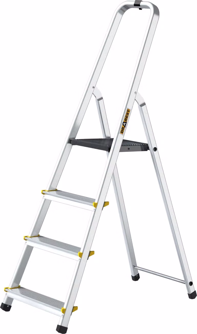 Drabest | Scala - Scala multiuso in alluminio PRO - 4 gradini - Scaletta - Stabile, sicura, leggera, pratica - con ganci - Portata 150 kg